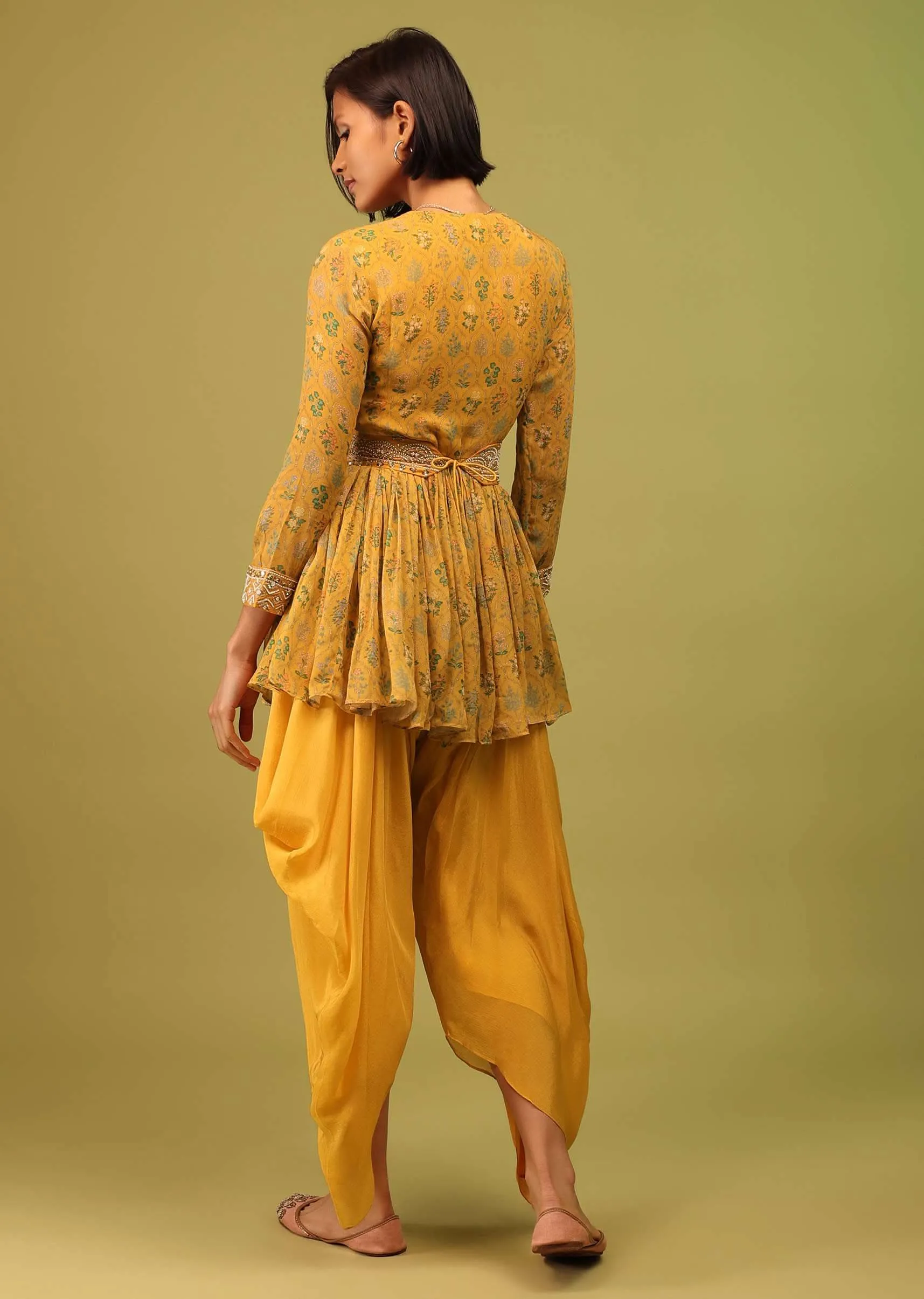 Amber Yellow Dhoti Kurta Set In Georgette With Multicolor Floral Print & Embroidery