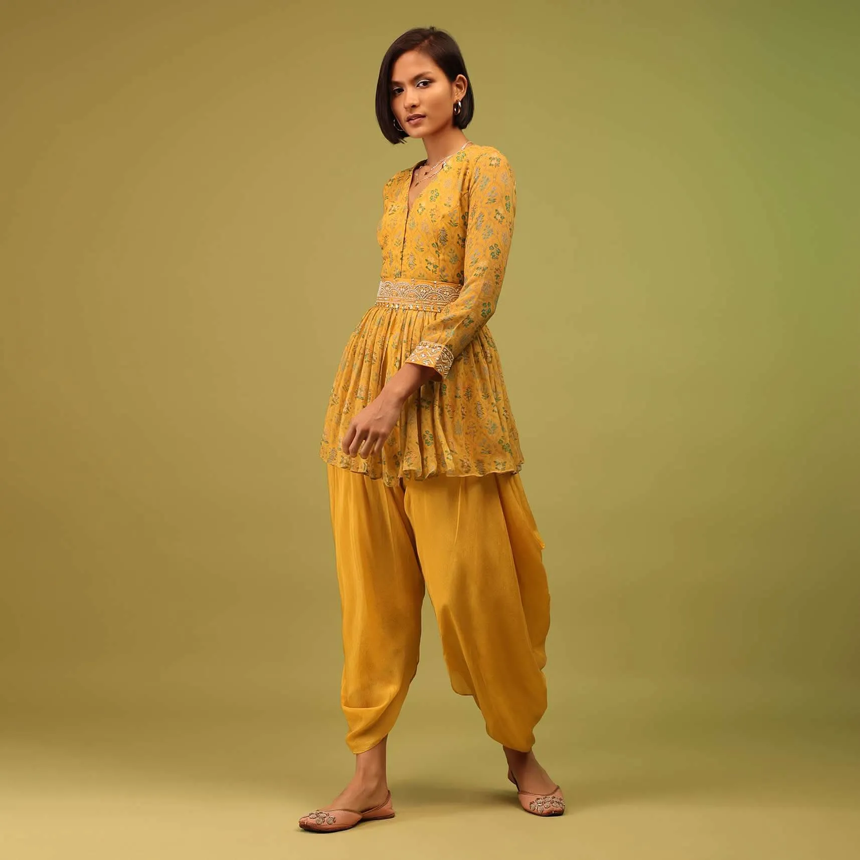 Amber Yellow Dhoti Kurta Set In Georgette With Multicolor Floral Print & Embroidery