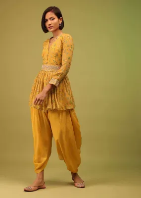 Amber Yellow Dhoti Kurta Set In Georgette With Multicolor Floral Print & Embroidery