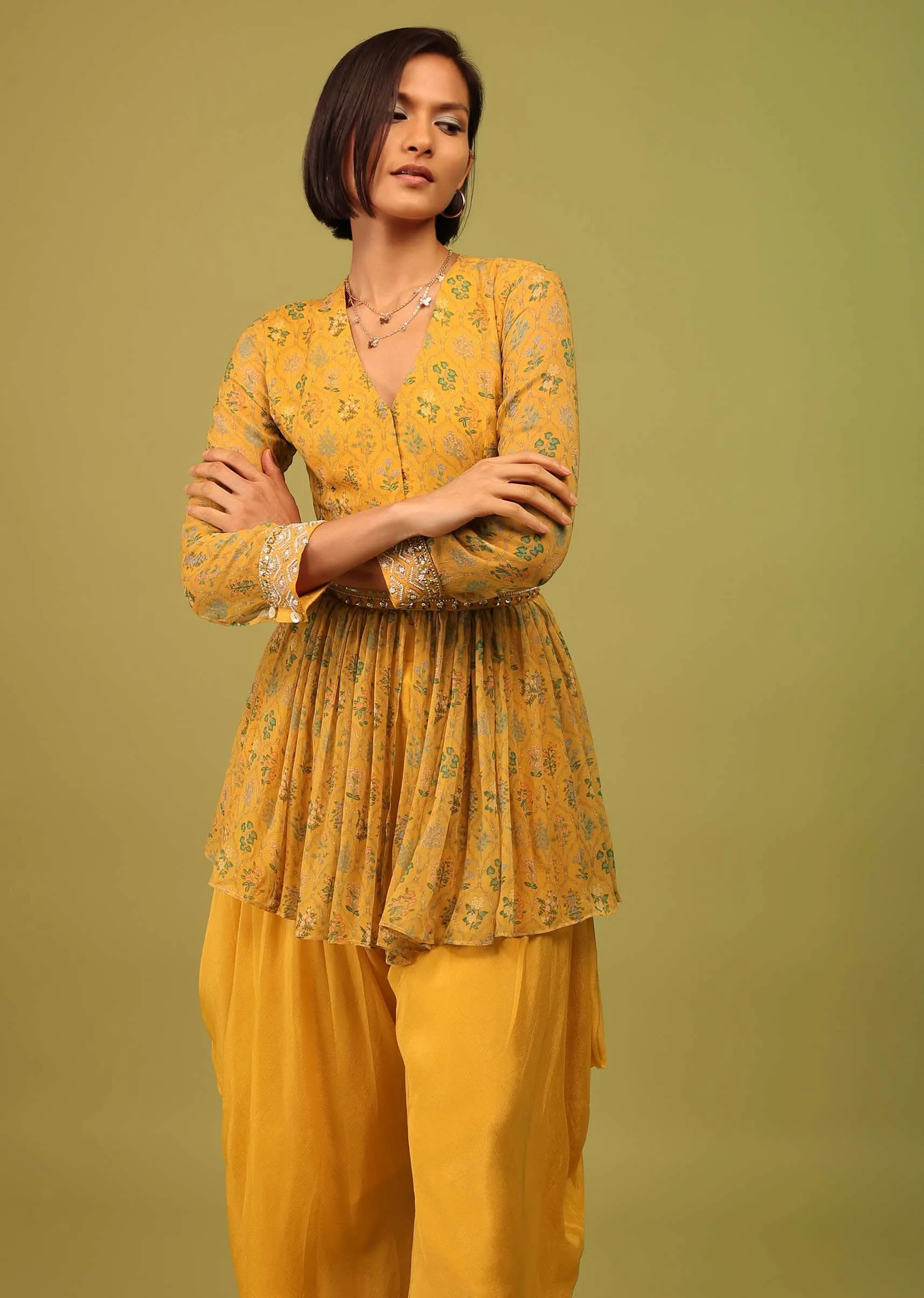 Amber Yellow Dhoti Kurta Set In Georgette With Multicolor Floral Print & Embroidery