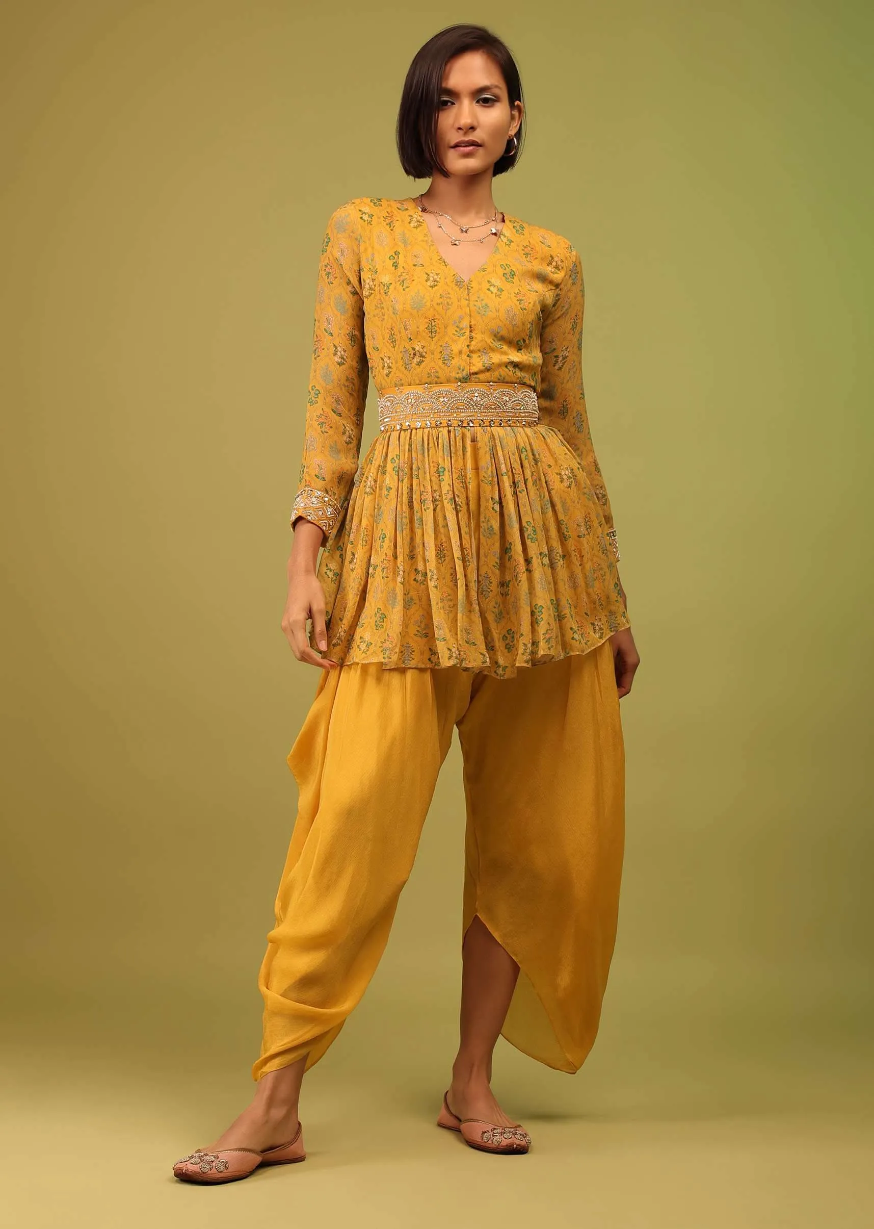 Amber Yellow Dhoti Kurta Set In Georgette With Multicolor Floral Print & Embroidery