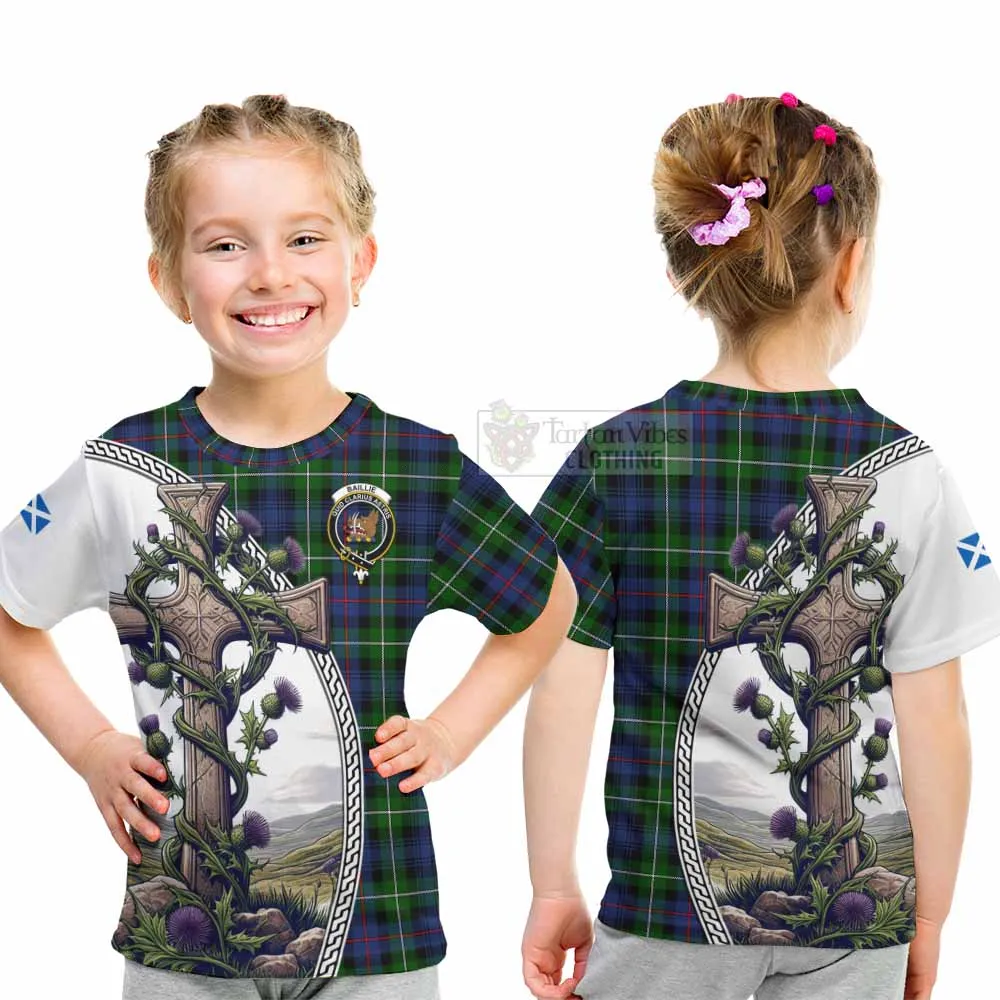 Baillie (Bailey) Tartan Kid T-Shirt with Family Crest and St. Andrew's Cross Accented by Thistle Vines