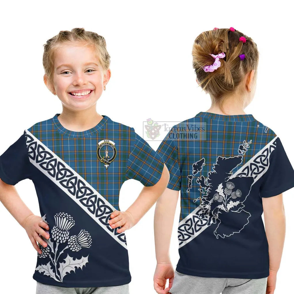 Bain Tartan Kid T-Shirt Featuring Thistle and Scotland Map