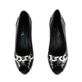 Chanel Black Python Chain CC Peep Toe Pumps Size US 10.5 | EU 40.5