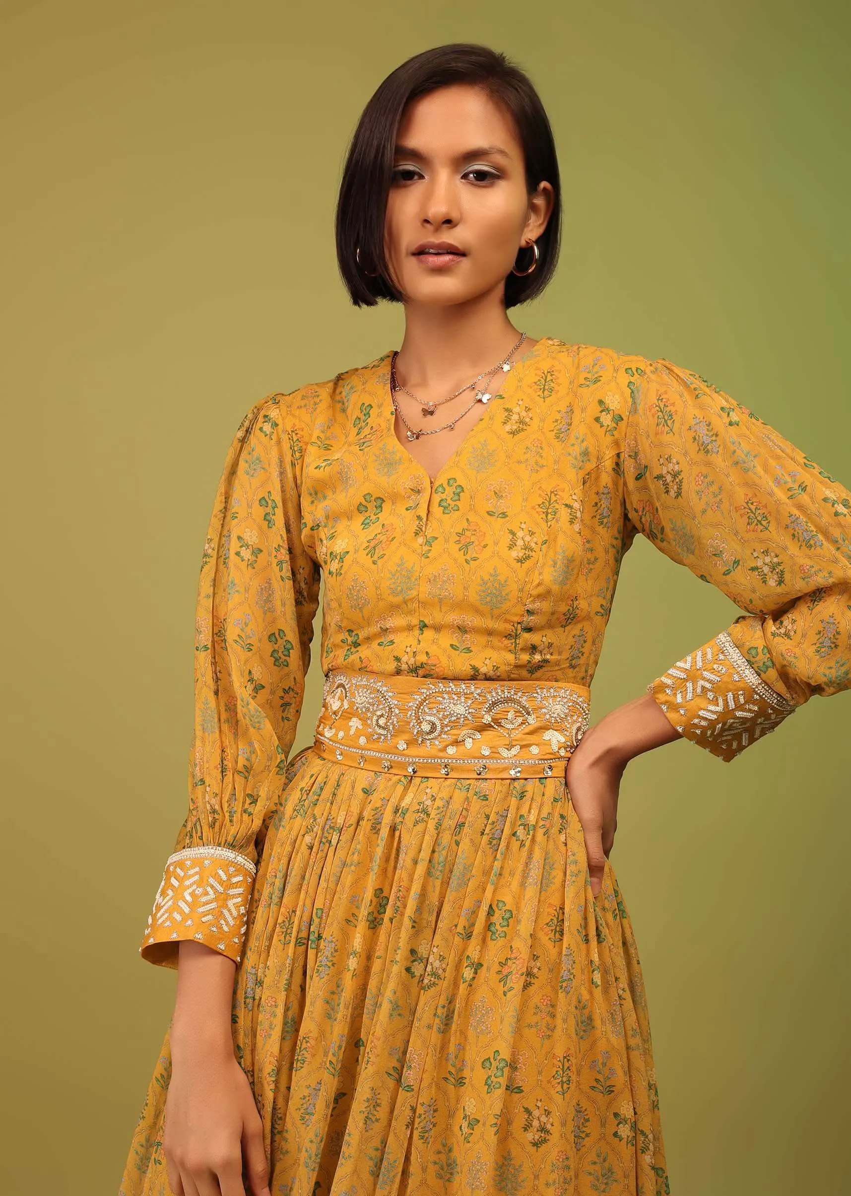 Cyber Yellow Palazzo Suit In Georgette With Multicolor Floral Print & Embroidery