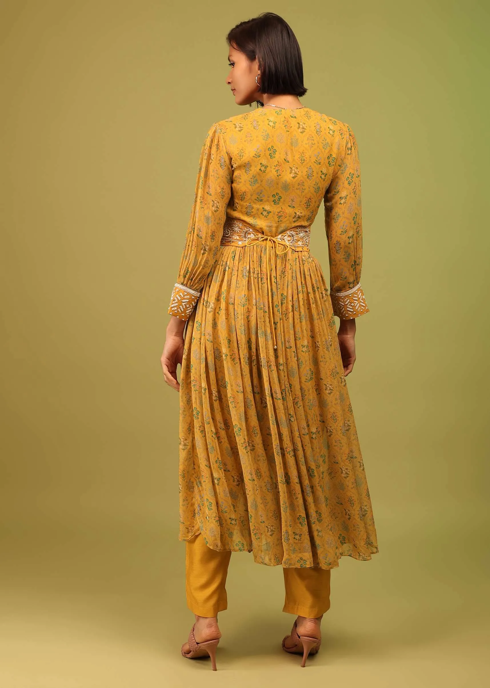 Cyber Yellow Palazzo Suit In Georgette With Multicolor Floral Print & Embroidery