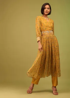 Cyber Yellow Palazzo Suit In Georgette With Multicolor Floral Print & Embroidery