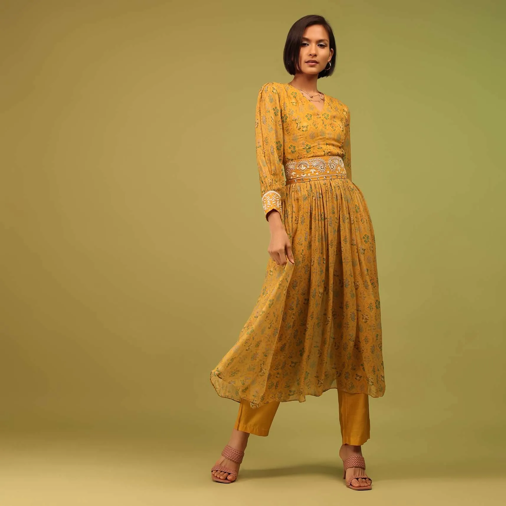 Cyber Yellow Palazzo Suit In Georgette With Multicolor Floral Print & Embroidery