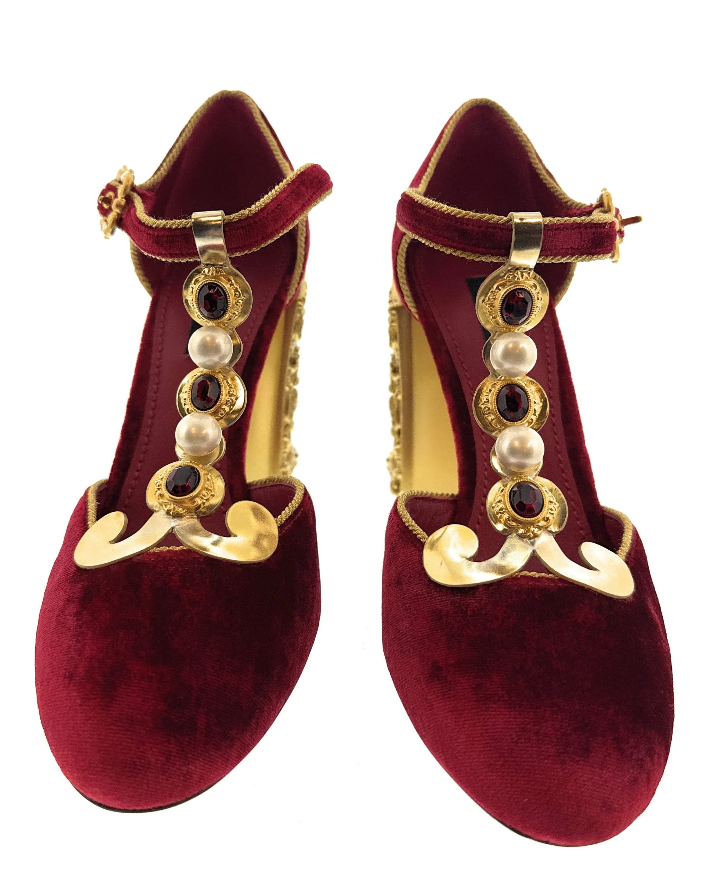 Dolce & Gabbana Red/Gold Bold Velvet Mary Jane Vintage Heels-EU36.5
