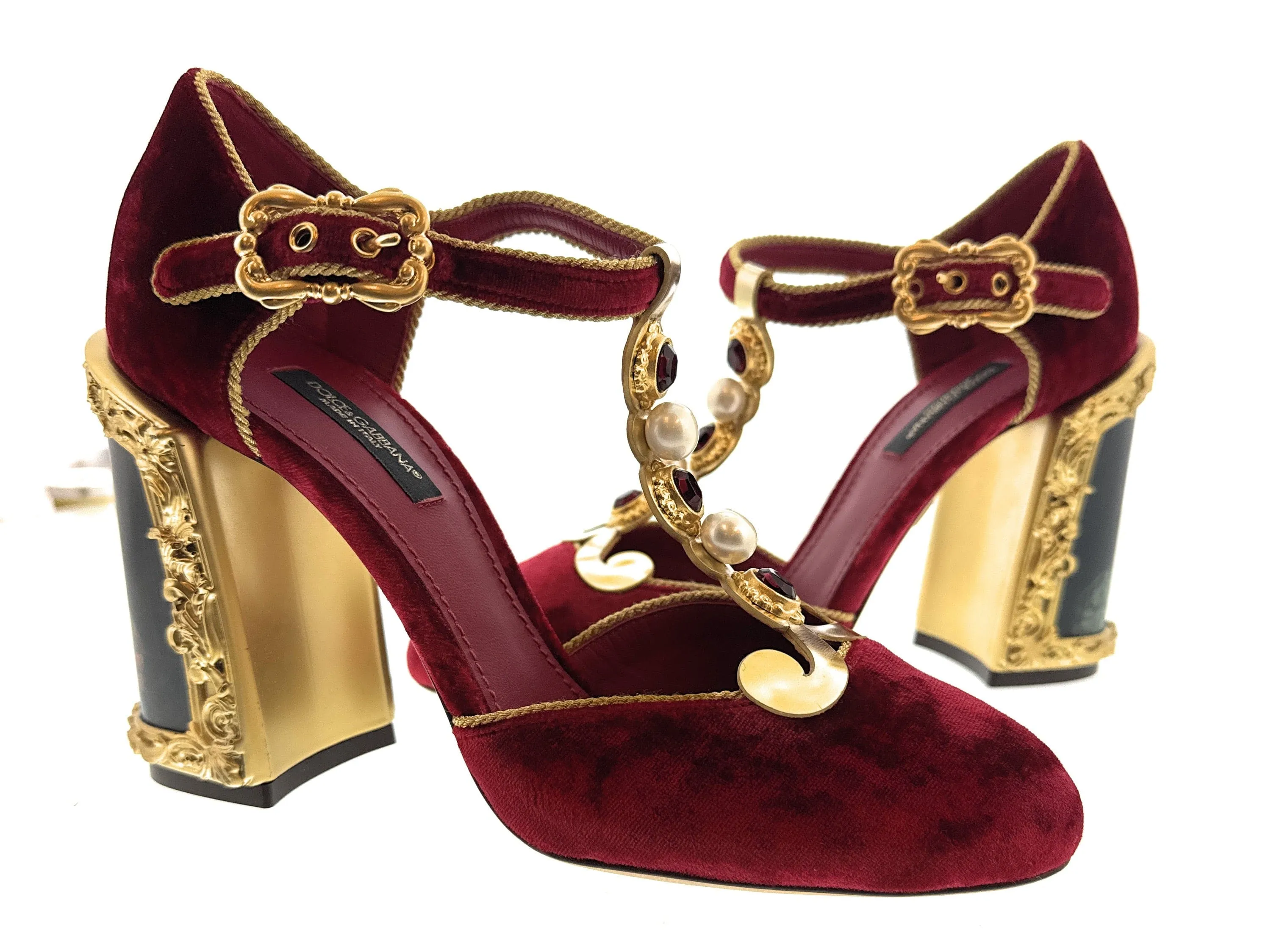 Dolce & Gabbana Red/Gold Bold Velvet Mary Jane Vintage Heels-EU36.5