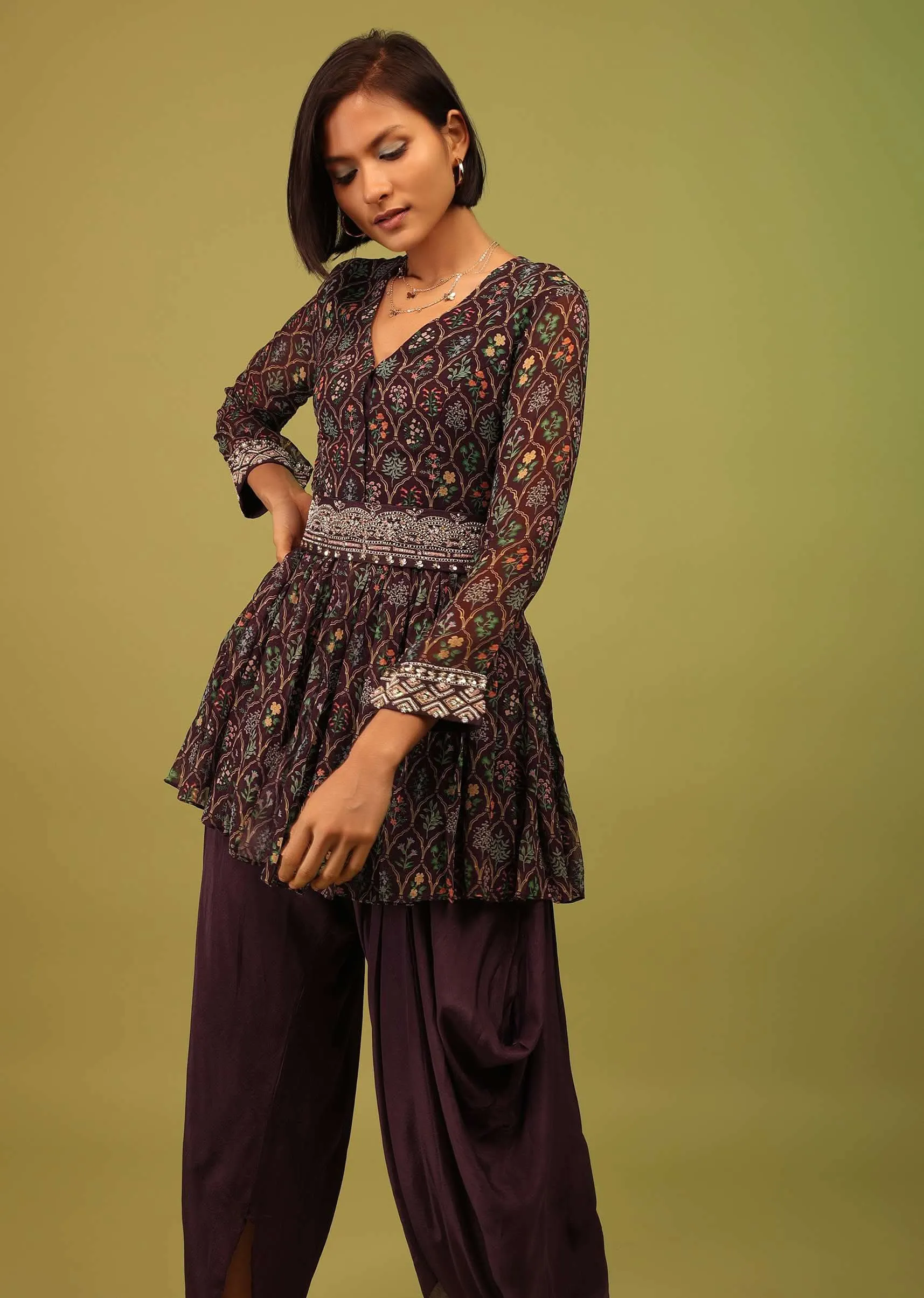 Dusty Brown Dhoti Kurta Set In Georgette With Multicolor Floral Print & Embroidery