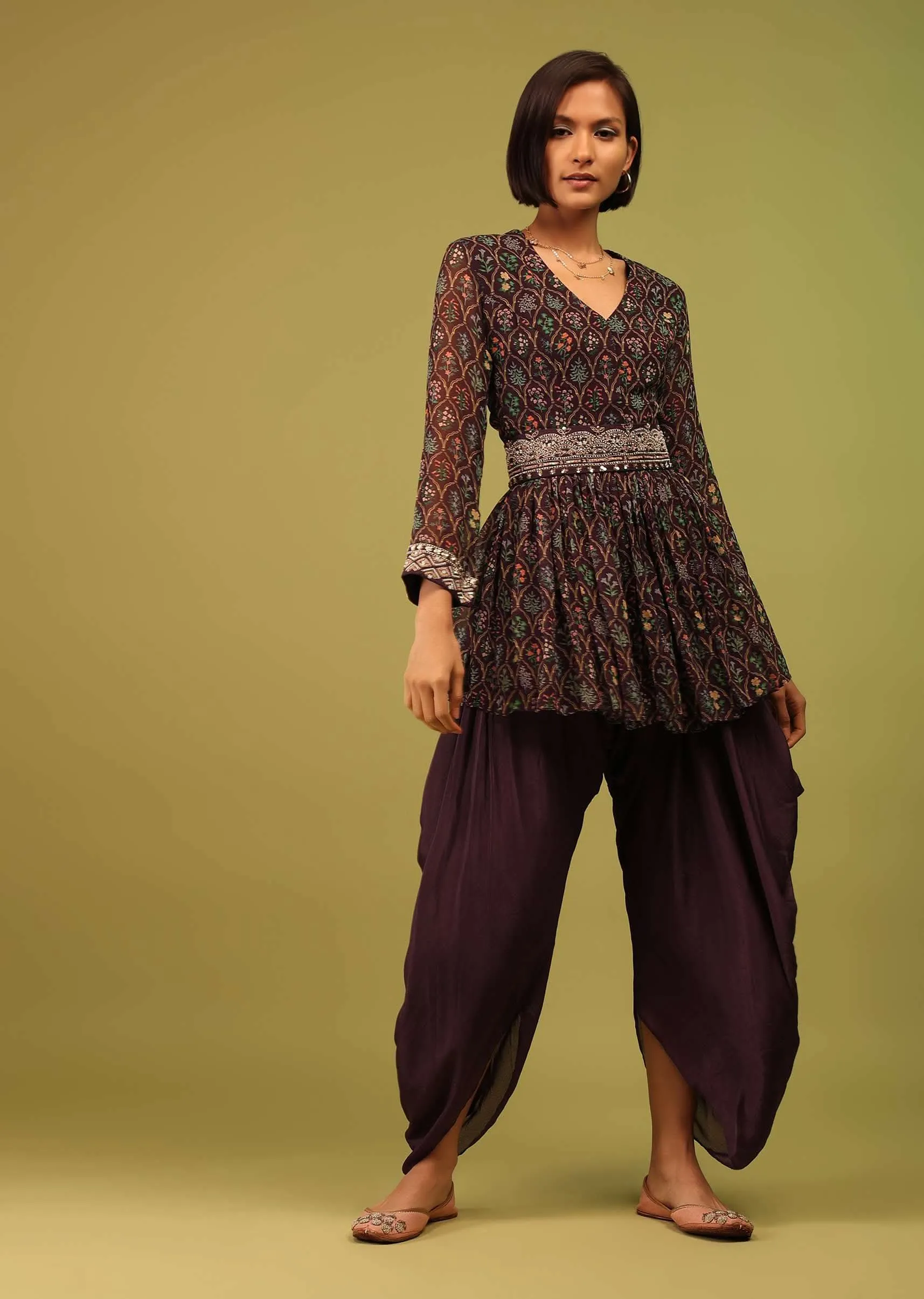 Dusty Brown Dhoti Kurta Set In Georgette With Multicolor Floral Print & Embroidery