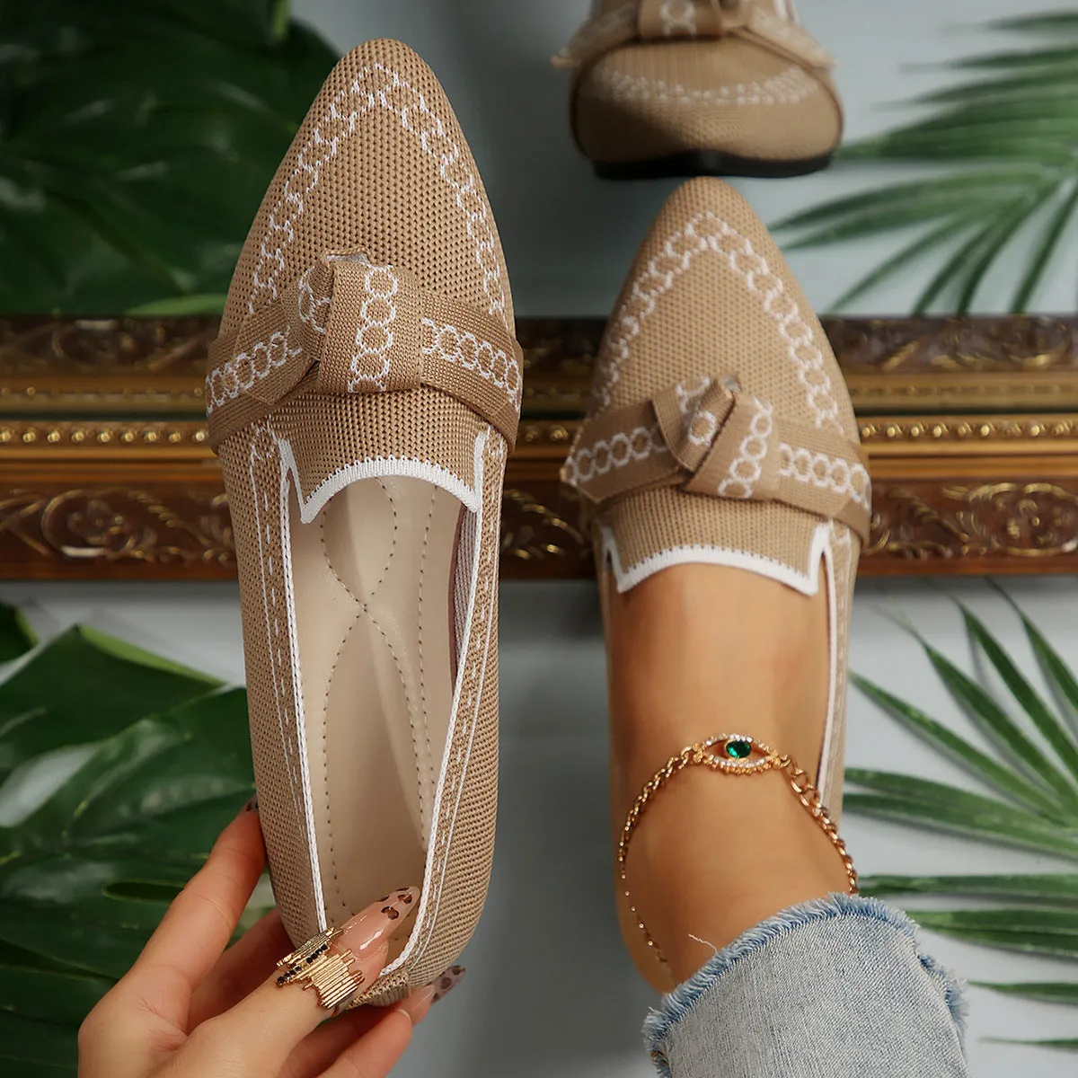 Knitted Slip-On Flats with Bow (multiple color options)