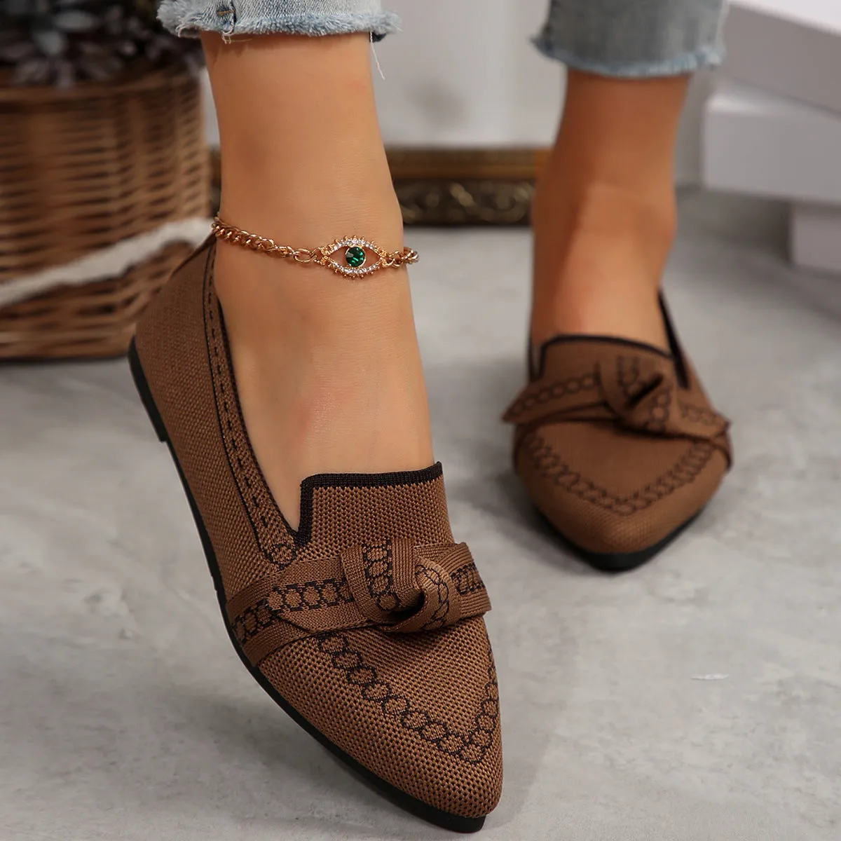 Knitted Slip-On Flats with Bow (multiple color options)