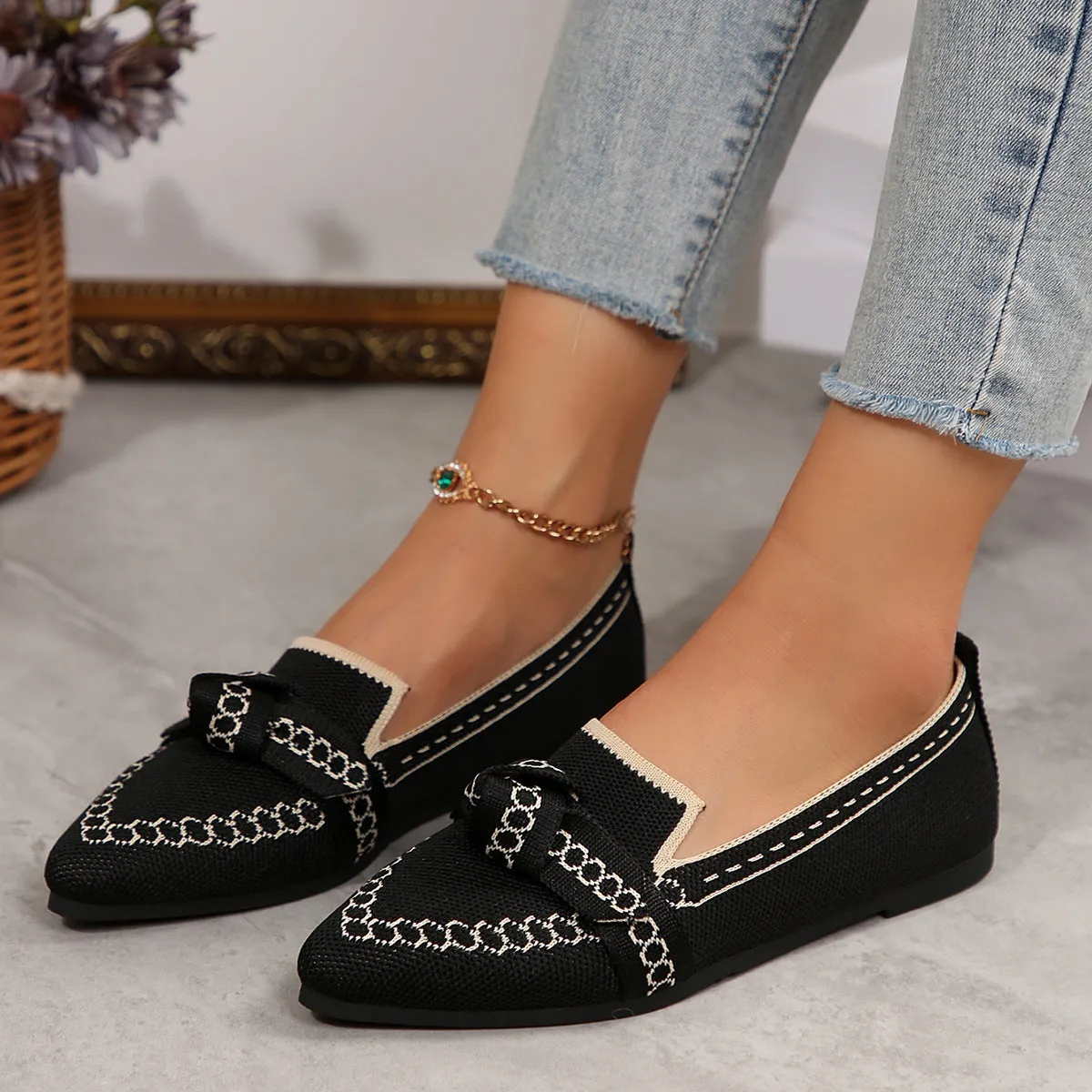 Knitted Slip-On Flats with Bow (multiple color options)