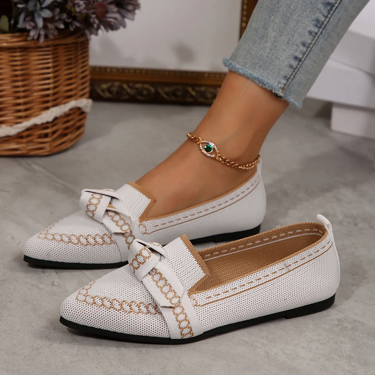 Knitted Slip-On Flats with Bow (multiple color options)