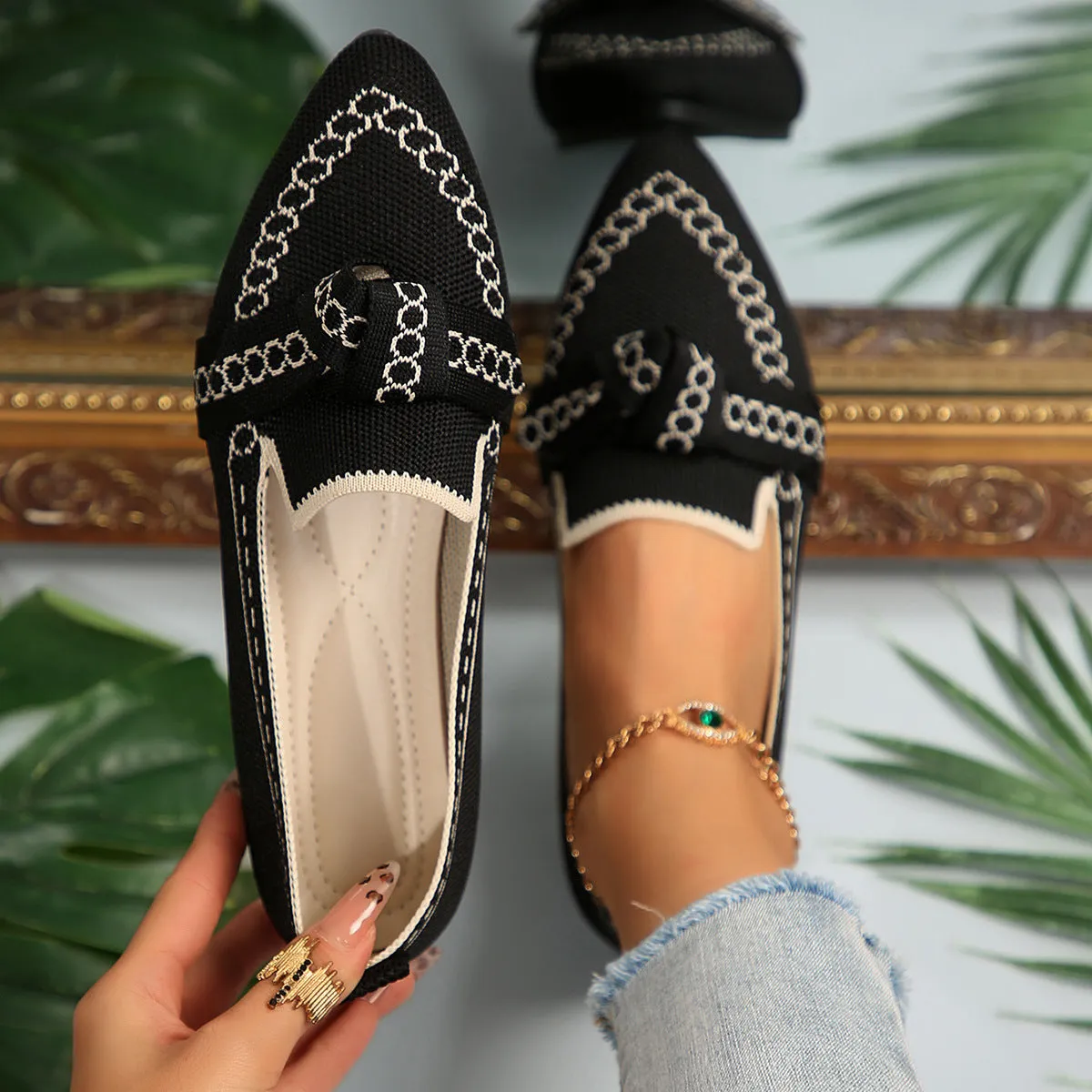 Knitted Slip-On Flats with Bow (multiple color options)