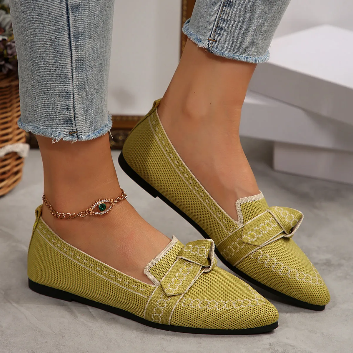 Knitted Slip-On Flats with Bow (multiple color options)
