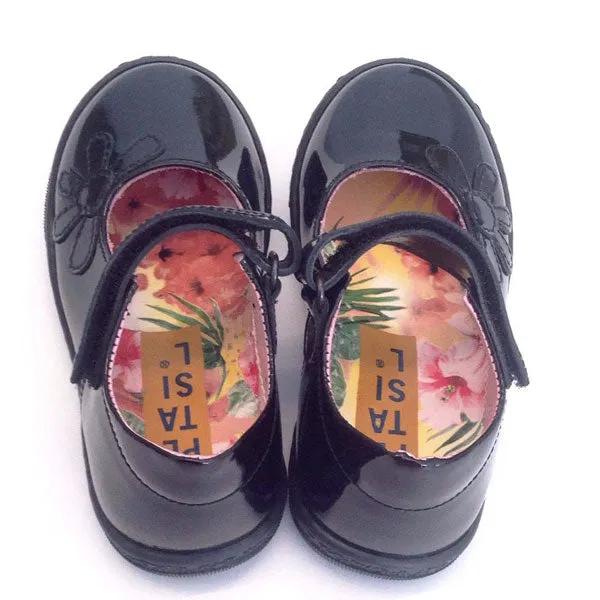 Petasil Donna Black Patent Velcro School Shoes