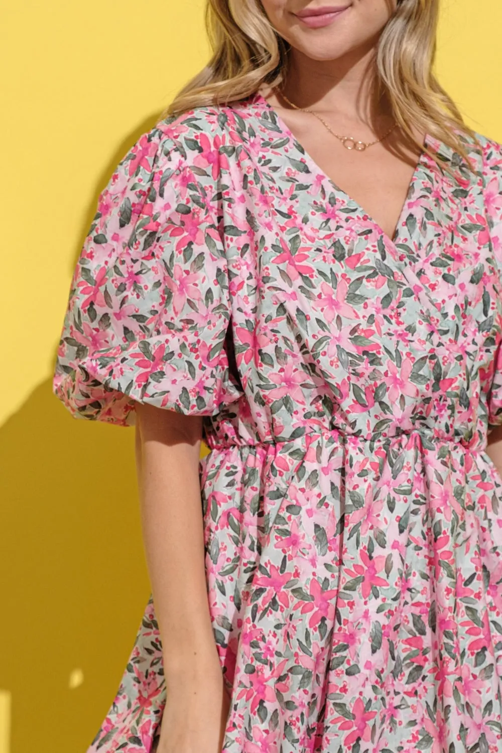 Pink Floral Surplice Puff Sleeve Dress
