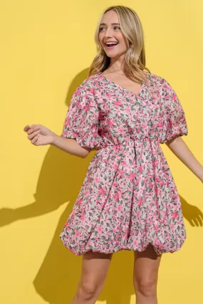 Pink Floral Surplice Puff Sleeve Dress