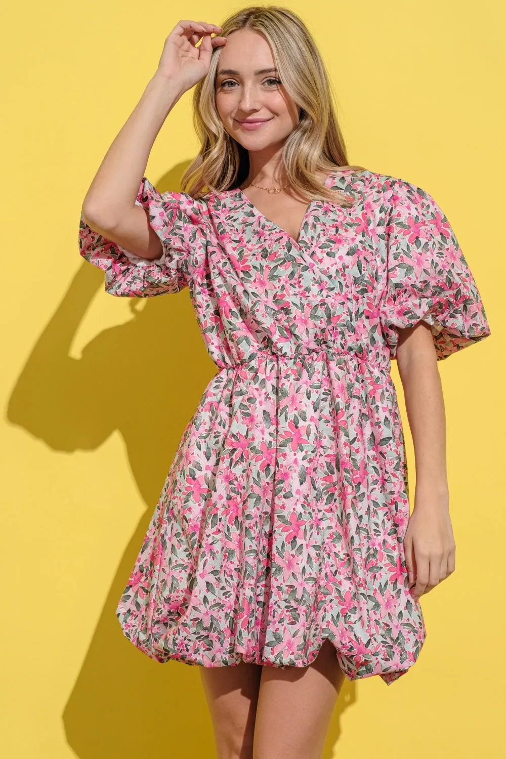 Pink Floral Surplice Puff Sleeve Dress