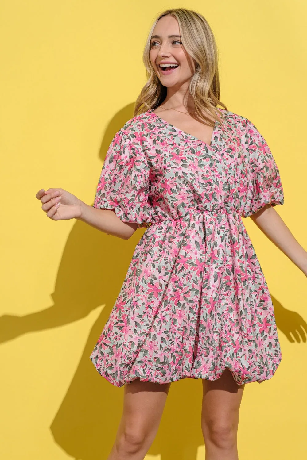 Pink Floral Surplice Puff Sleeve Dress
