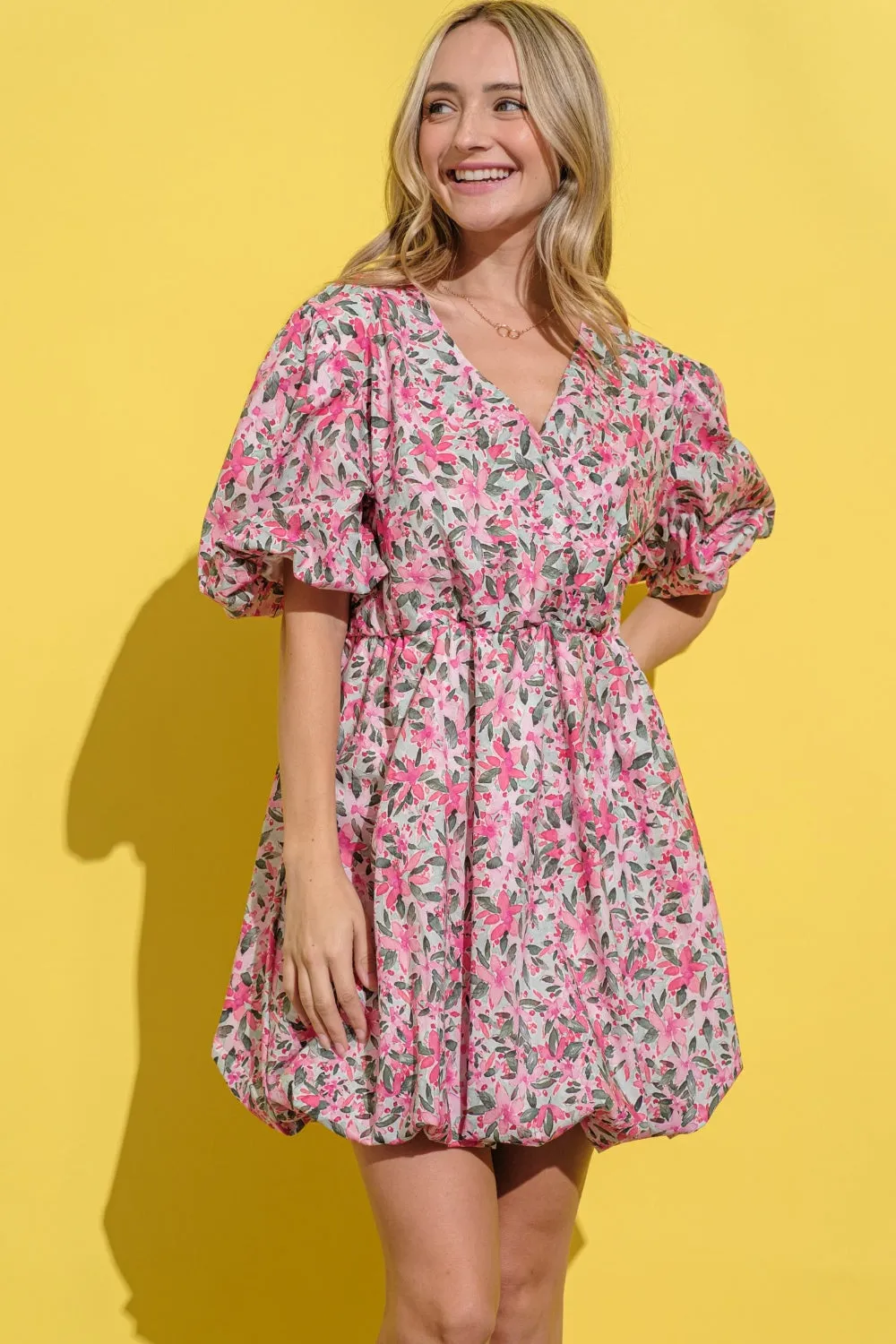 Pink Floral Surplice Puff Sleeve Dress