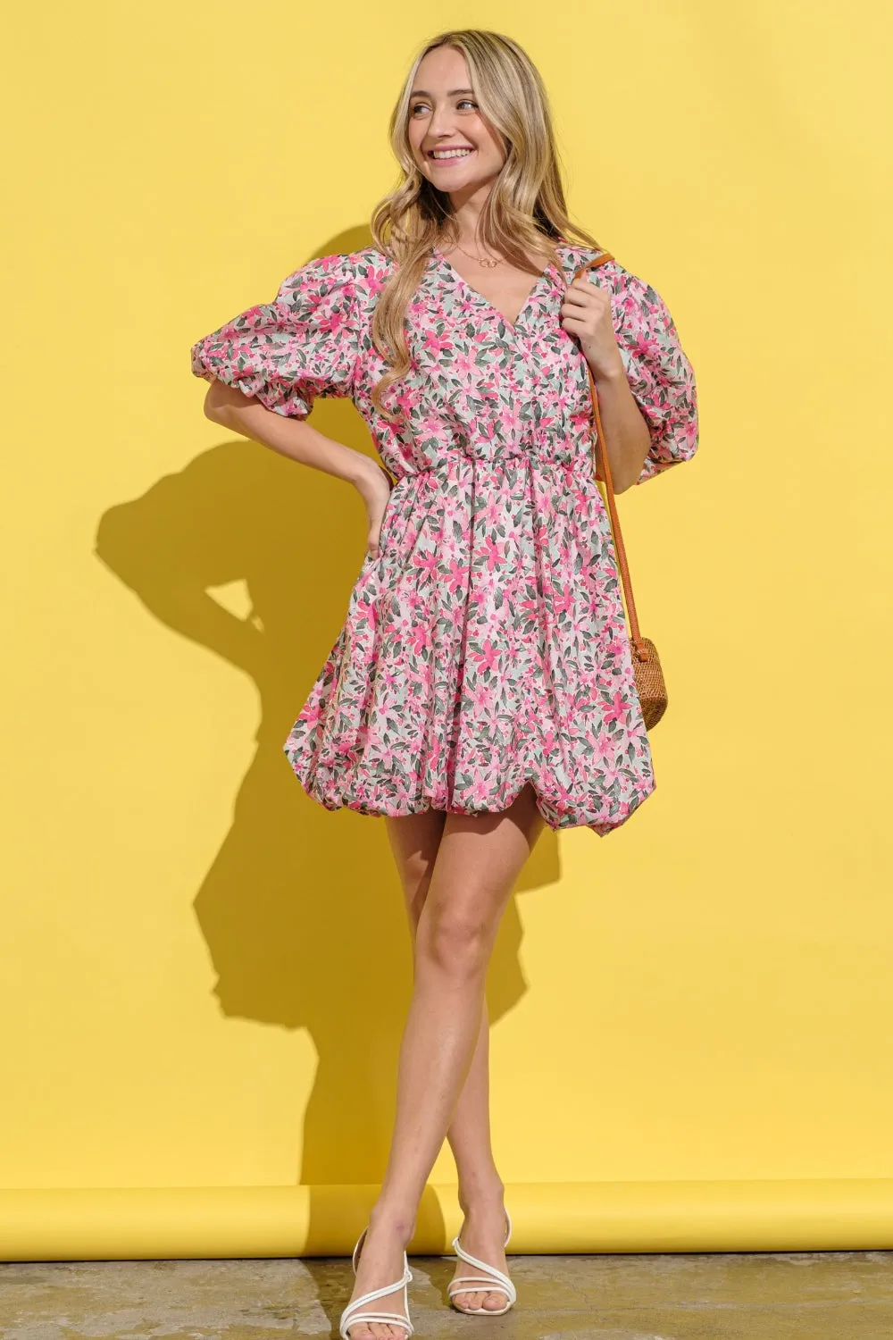 Pink Floral Surplice Puff Sleeve Dress