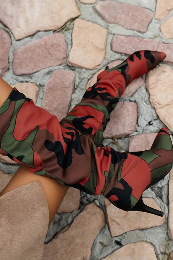 Pointed Toe Camouflage Print High Heel Boots
