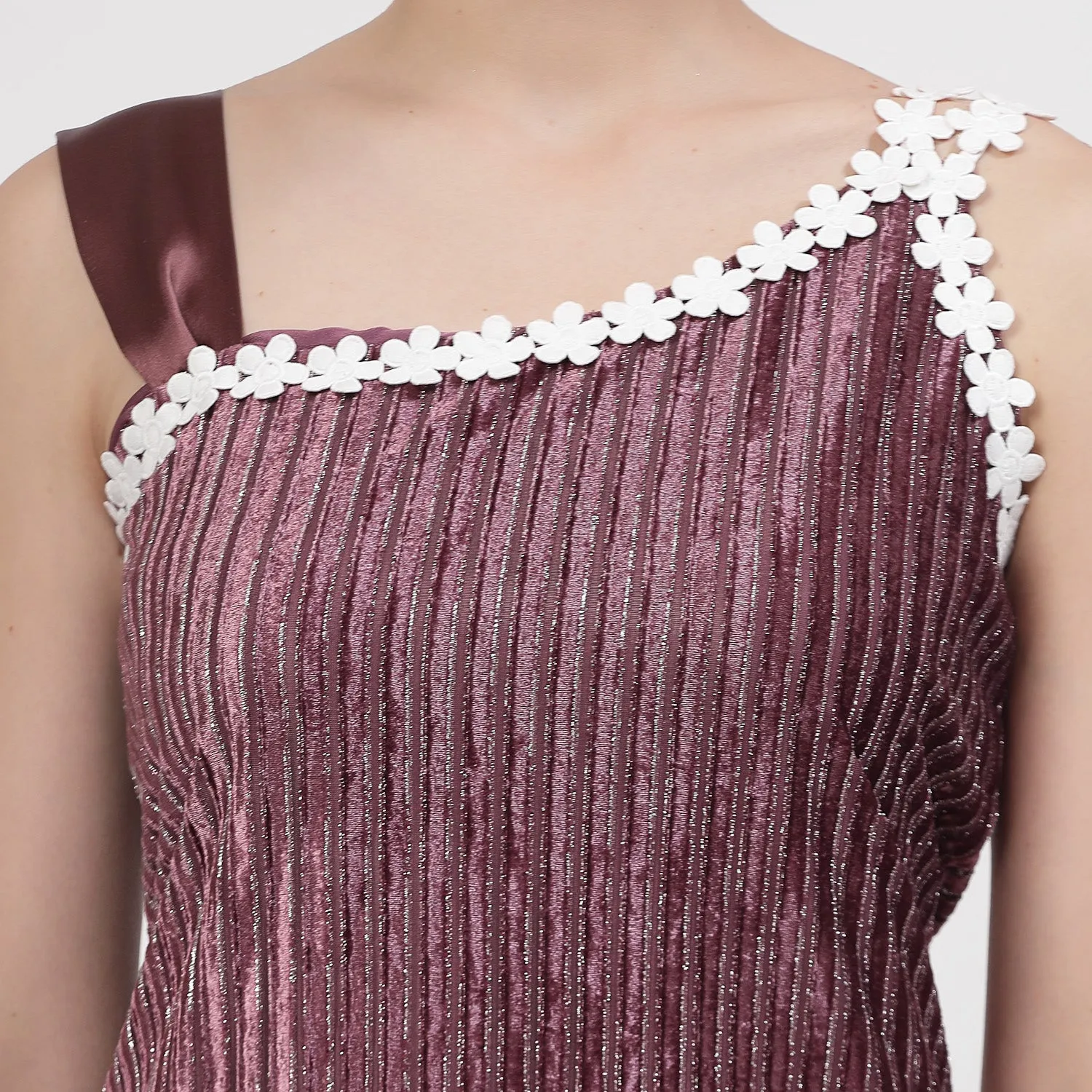 Purple Velvet Top With Flower Lace And Satin