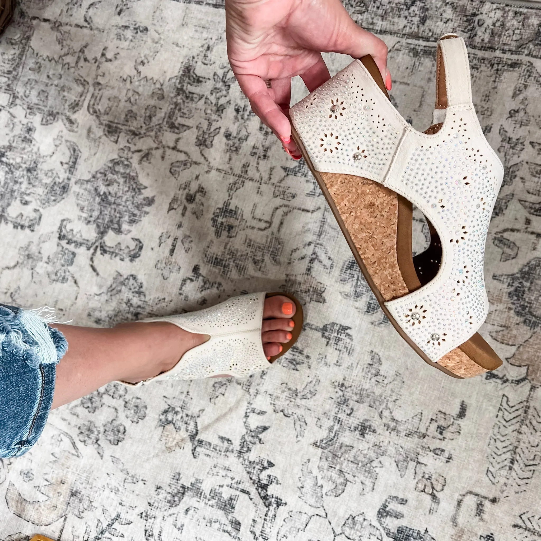 "Starry Nights" Laser Design and Jewel Embellishments Wedge Sandal (Cream)