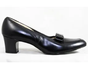 Size 9 Black Shoes - Authentic 1960s 9AA Narrow Pumps - Fine Leather Shoe with Mod Loafer Style Buckle - Secretary Chic 60s Deadstock