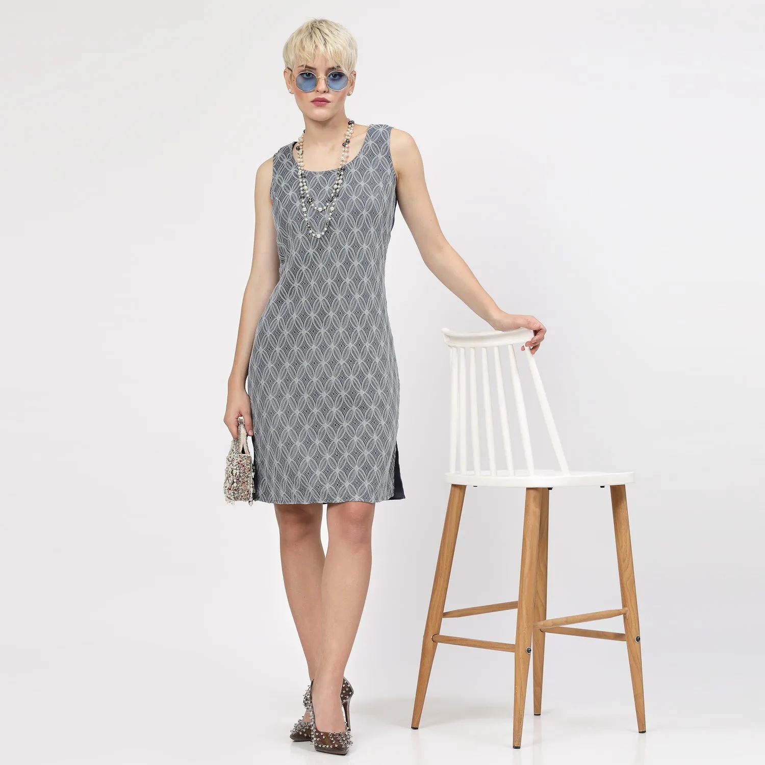 Stone Blue Sleeveless Dress With Lace Fabric