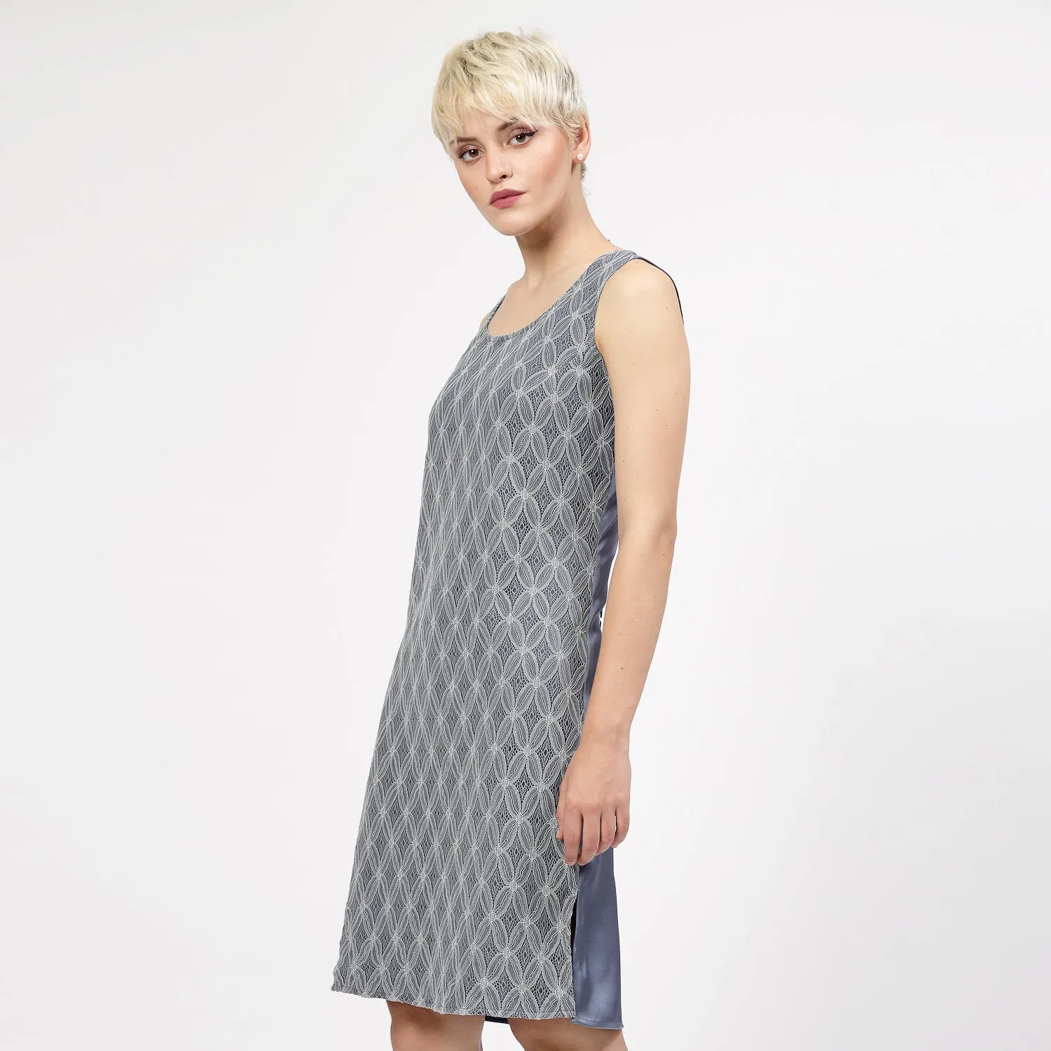 Stone Blue Sleeveless Dress With Lace Fabric