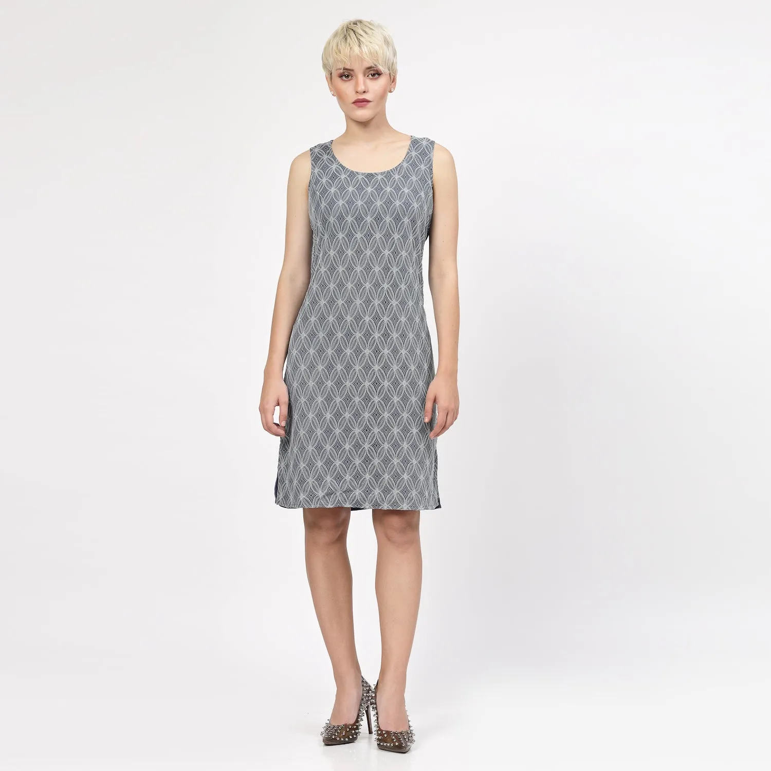 Stone Blue Sleeveless Dress With Lace Fabric
