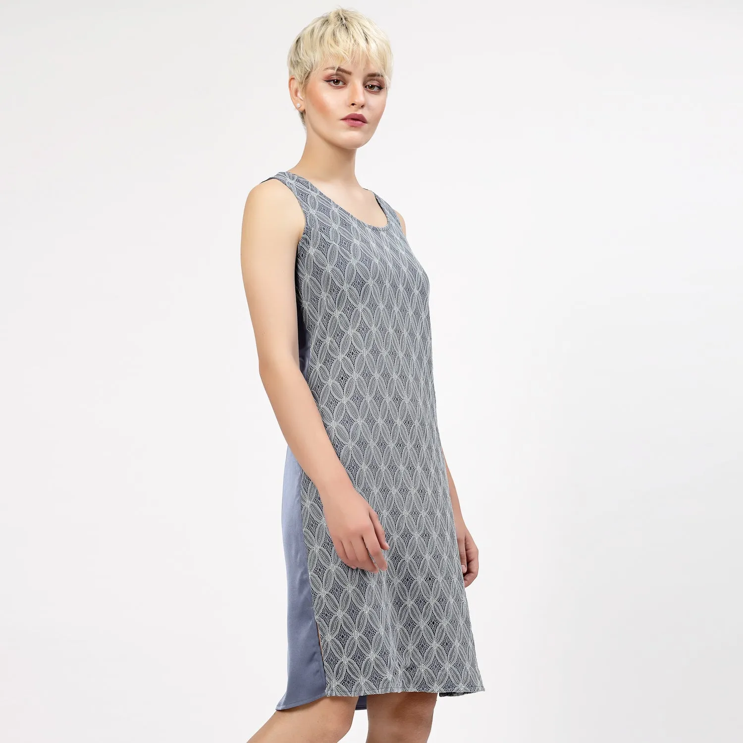 Stone Blue Sleeveless Dress With Lace Fabric