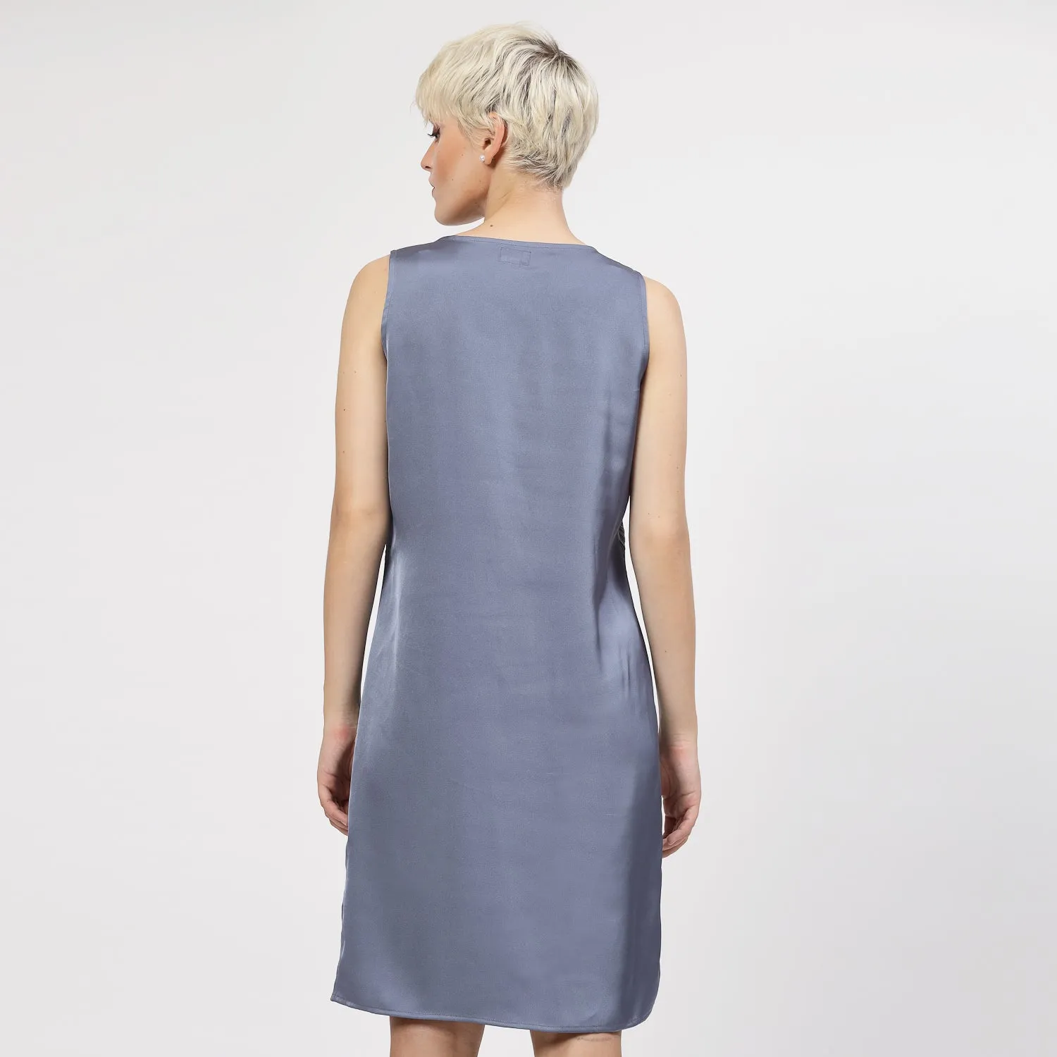 Stone Blue Sleeveless Dress With Lace Fabric