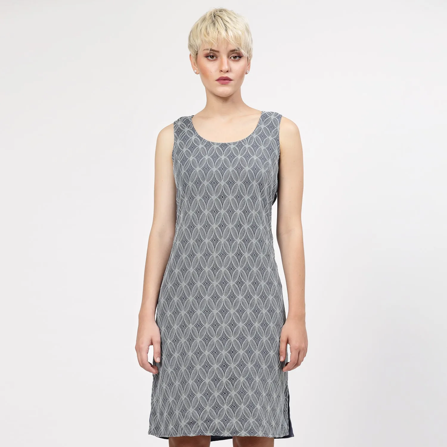 Stone Blue Sleeveless Dress With Lace Fabric