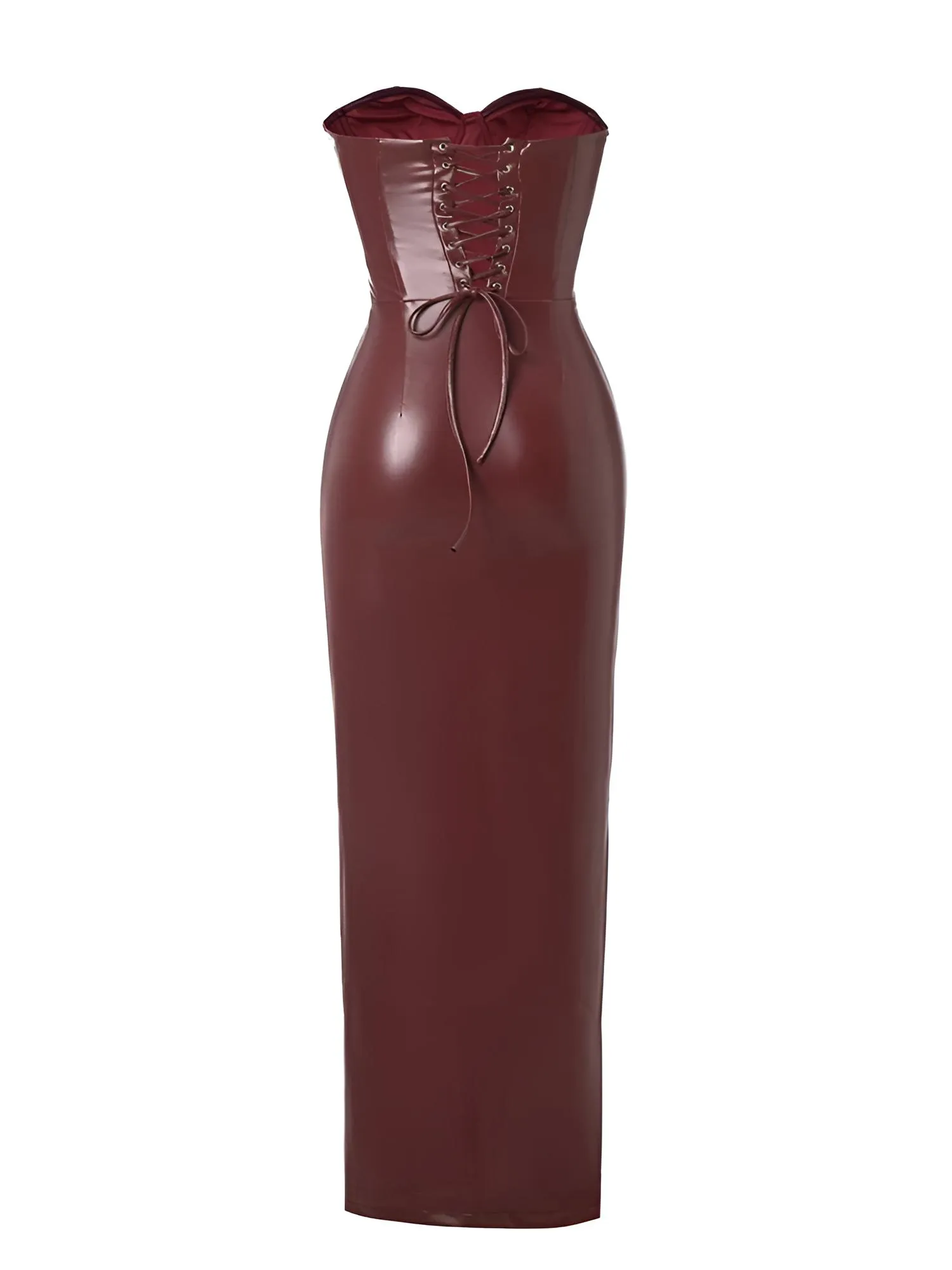 Strapless Lace Up Women's Long Leather Dress Sexy Slim Fit Dark Red Night Club Dress