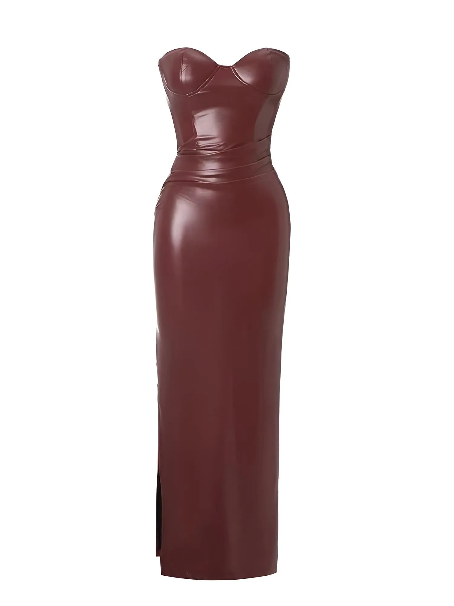 Strapless Lace Up Women's Long Leather Dress Sexy Slim Fit Dark Red Night Club Dress