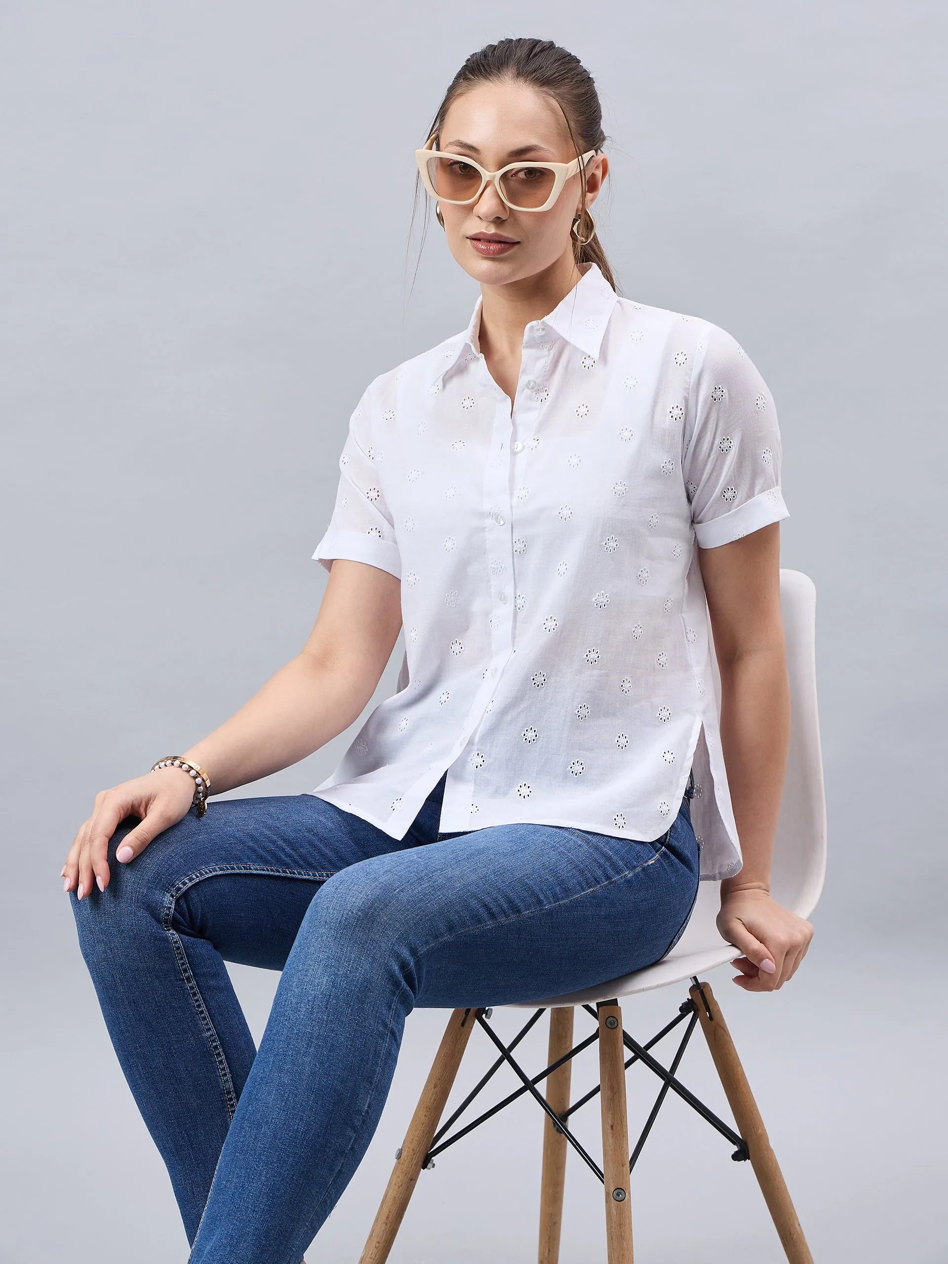Style Quotient Women Smart White Hakoba Spread Collar Short Sleeve Shirt