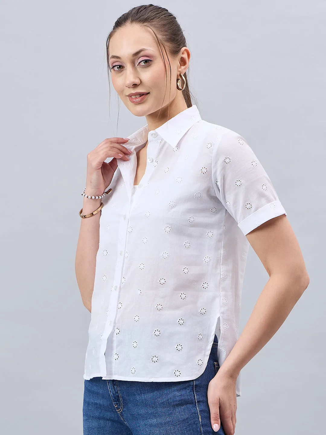 Style Quotient Women Smart White Hakoba Spread Collar Short Sleeve Shirt