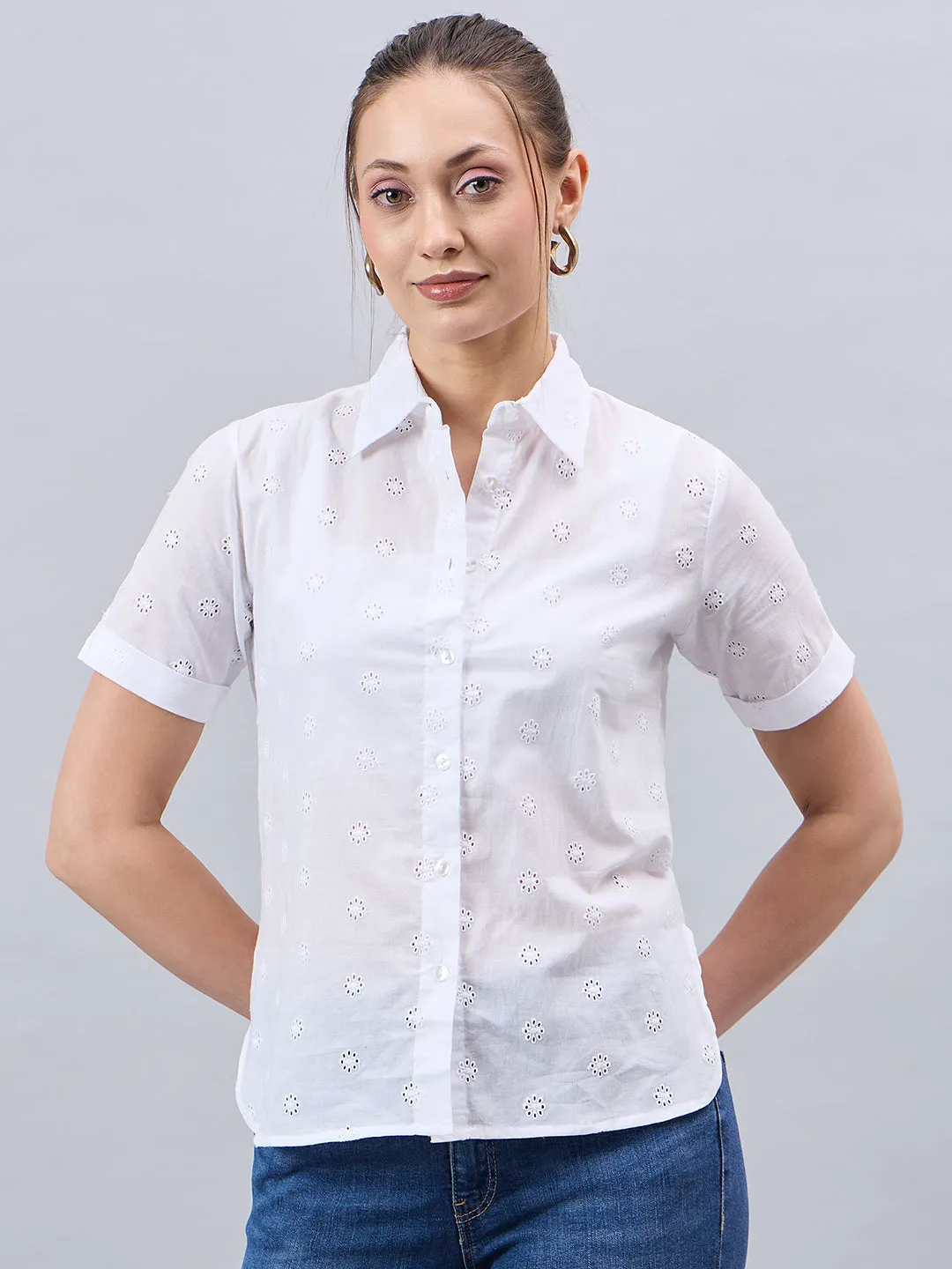 Style Quotient Women Smart White Hakoba Spread Collar Short Sleeve Shirt