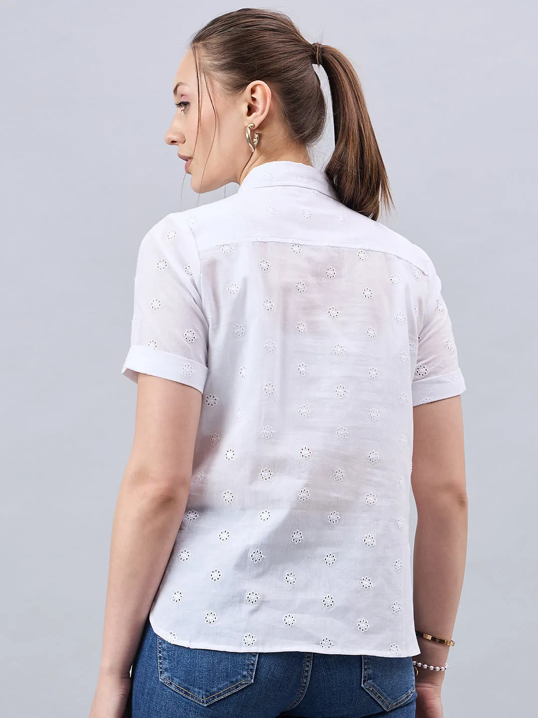 Style Quotient Women Smart White Hakoba Spread Collar Short Sleeve Shirt