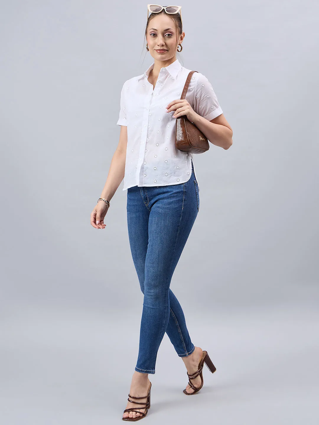 Style Quotient Women Smart White Hakoba Spread Collar Short Sleeve Shirt