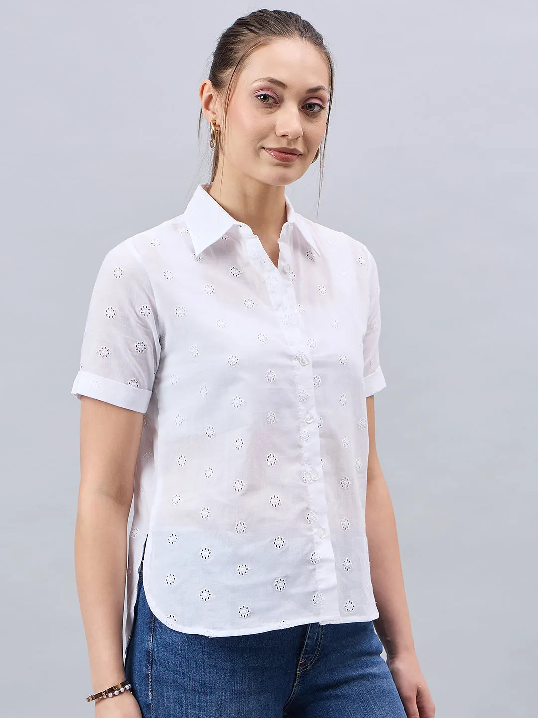 Style Quotient Women Smart White Hakoba Spread Collar Short Sleeve Shirt