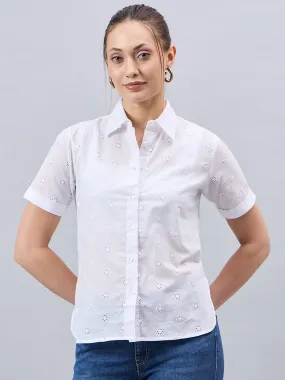 Style Quotient Women Smart White Hakoba Spread Collar Short Sleeve Shirt