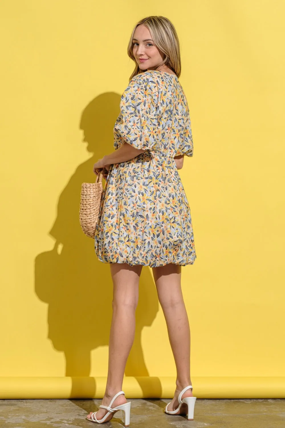 Yellow and Blue Floral Surplice Puff Sleeve Dress