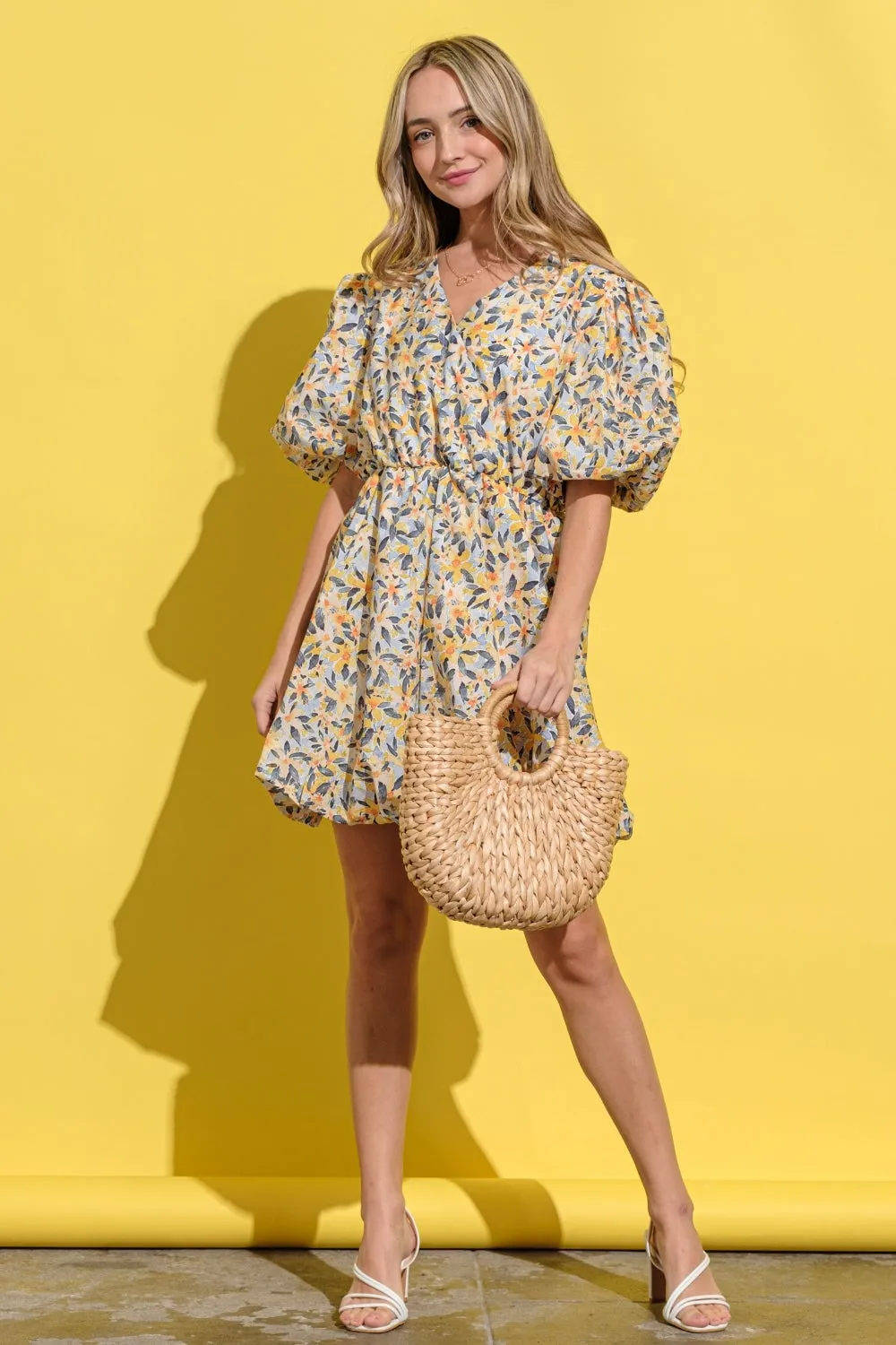 Yellow and Blue Floral Surplice Puff Sleeve Dress